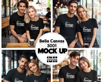 Couple Black Bella Canvas 3001 Tshirt mock up, couple model Tshirt Mockup, male female lover Mock up, black Tshirt for love couple style