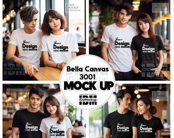 Pareja Negro Blanco Bella Canvas 3001 Camiseta maqueta, modelo de pareja Camiseta Mockup, hombre mujer, modelo asiático, camiseta para el estilo de pareja de amor