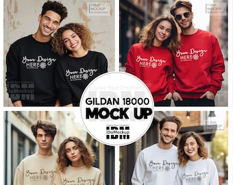 Gildan 18000 sweatshirt mockup, couple Sweatshirt Mockup for Red ,White, Black, Sand Gildan 18000 Mockups, Bundle couple sweatshirt Mock up
