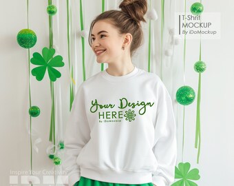 St Patricks Day Sweatshirt mockup, White Gildan 18000 sweatshirt woman Mockup, Sweatshirt Mock up, trendy Tshirt Mockup for St Pattys Day