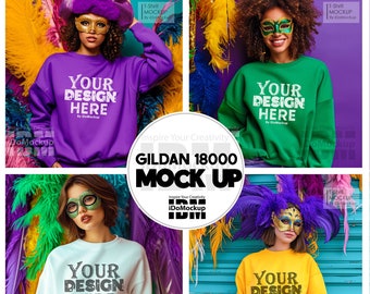 Maqueta de sudadera Mardi Gras, maqueta de sudadera Gildan 18000, color púrpura, verde, amarillo y blanco, fiesta en la calle del festival de máscaras, maqueta de sudadera en paquete