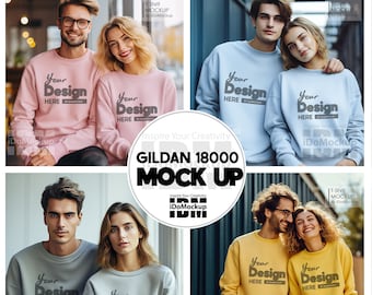 Couple Gildan 18000 sweatshirt mockup, couple Sweatshirt for Red ,White, Black, Sand Gildan 18000 Mockups, Bundle couple sweatshirt Mock up