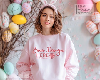 Easter pink Sweatshirt Mockup, pink Gildan 18000 Happy Easter theme Mockup, Woman model pink crewneck sweatshirt with Easter Eggs mock up