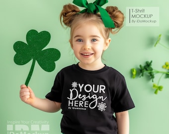 Kids St Patricks Day Tshirt mockup, Kids Bella Canvas 3001 black Kids Shirt Mockup Girls T-Shirt Mock up, Tshirt Mockup for St Pattys Day