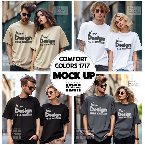 Couple Comfort Colors 1717 Tshirt mockup, couple oversized Tshirt Black, White, Ivory, Pepper Comfort Colors mock up, Bundle mockup