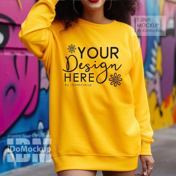 Gildan 18000 Gold Sweatshirt Mockup ,Yellow Oversized sweatshirt mockup, Yellow sweater Mockup, Gold Gildan Mockup, Cool graffiti  style