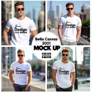 White Bella Canvas 3001 mockup, 4 male model Tshirt Mockup, White T-Shirt Mockup, male model Mock up, Cool trendy casual style, Tee mockup
