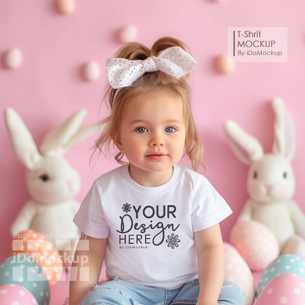 Easter white Tshirt kids Mockup, white Bella Canvas 3001T T-Shirt Easter Mockup baby toddler girl kids model white crewneck shirt mock up