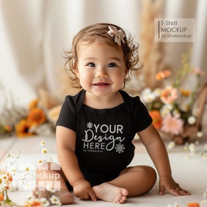 Black Baby Newborn Onesie Mockup, Black Bella Canvas 100B , Black short sleeve infant Baby Bodysuit Mockup, Toddler Model, Baby Boho mockup