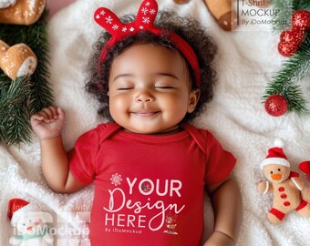 Weihnachten Baby Roter Strampelanzug Mockup, Säuglingsbodysuit, Kaninchenfelle 4424