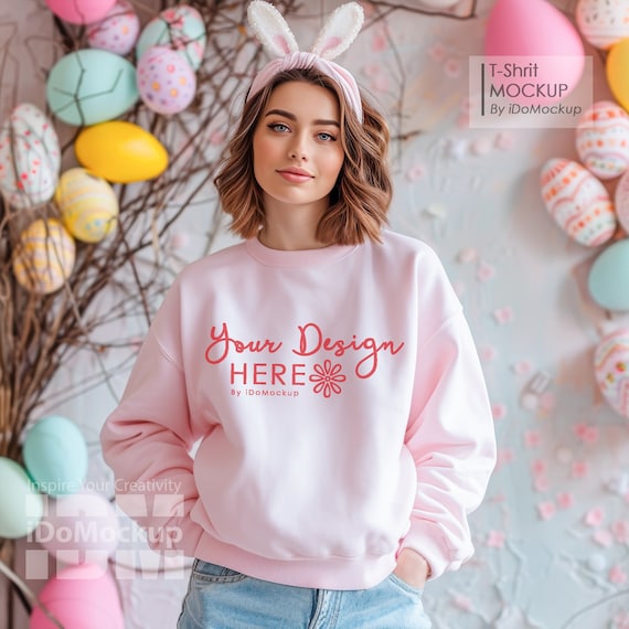 Easter pink Sweatshirt Mockup, pink Gildan 18000 Happy Easter theme Mockup, Woman model pink crewneck sweatshirt with Easter Eggs mock up