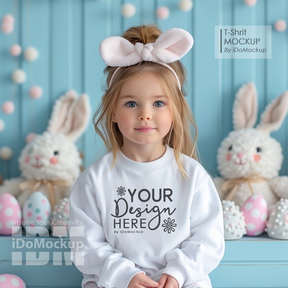 Easter white Sweatshirt kids Mockup, white Gildan 18000B Easter theme Mockup baby toddler girl kids model white crewneck sweater mock up