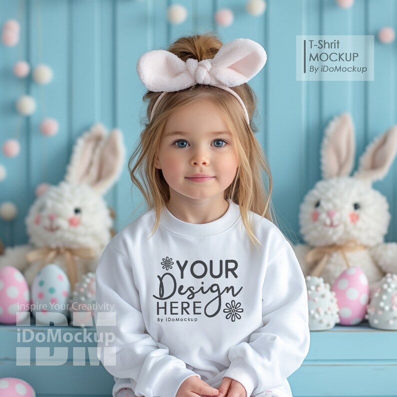 May include: A young girl wearing a white sweatshirt with the text "YOUR Design HERE" and a pink bow headband. The sweatshirt is a mockup for a design. The girl is sitting in front of a blue background with Easter decorations.