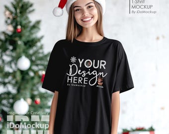 Christmas oversized black Tshirt Mockup, black Comfort colors 1717 T-Shirt New Year holiday Mockup female black Christmas shirt mock up