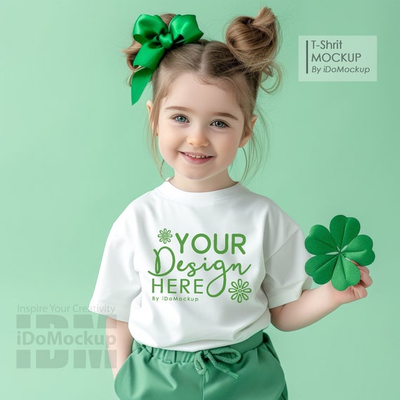 Kids St Patricks Day Tshirt mockup, Kids Bella Canvas 3001 White Kids Shirt Mockup Girls T-Shirt Mock up, Tshirt Mockup for St Pattys Day