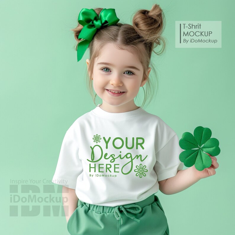 Kids St Patricks Day Tshirt mockup, Kids Bella Canvas 3001 White Kids Shirt Mockup Girls T-Shirt Mock up, Tshirt Mockup for St Pattys Day