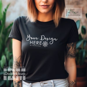 Black Bella Canvas 3001 Tshirt mockup, black T-Shirt Mockup, Female tattoo Model Mockup, Woman 3001 T-shirt Mockup, Cool Lifestyle Mockup