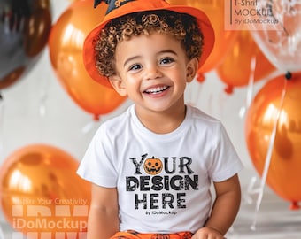 Halloween Kids Tshirt Mockup, White Bella Canvas 3001T T-Shirt fall Halloween Mockup baby boy kids model white crewneck shirt mock up