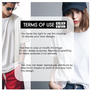 May include: Image of two people wearing white t-shirts. The image includes the text "TERMS OF USE" and "iDoMockup", along with usage guidelines. The text states the right to use the mockup for designs, with restrictions on resale and reproduction.