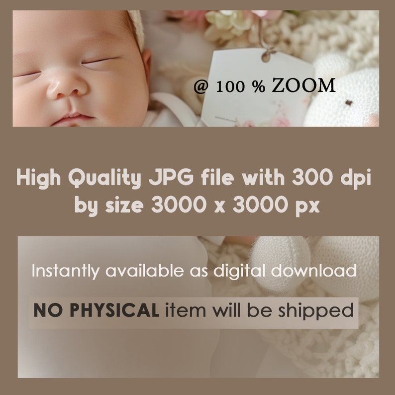 May include: A digital download of a high-quality JPG image of a sleeping baby. The image is 3000 x 3000 pixels and 300 dpi. The image features a baby sleeping on a white blanket with a white knitted toy and flowers.