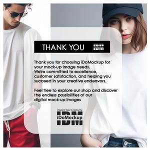 May include: A promotional image with the text "THANK YOU" and the iDoMockup logo. The image shows two people wearing white t-shirts. The text thanks customers for choosing iDoMockup for mock-up image needs and encourages exploration of the shop.