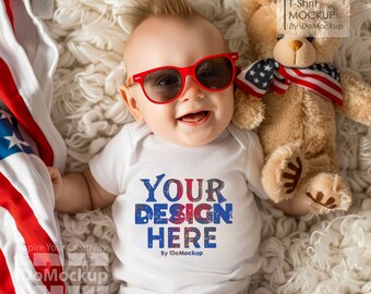 4th July White Baby Onesie bodysuit Mockup, White Rabbit skins 4400 ,  fourth July Mockup infant Baby Bodysuit, Cute Baby boy model