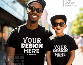 Daddy and me shirt Mockup, Family Tshirt mockup, Black shirt Dad & son boy Kids Mockup, black Bella Canvas 3001 T-shirt Fathers day mock up