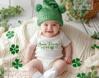 St Patricks Day Baby Onesie Mockup, White Baby Onesie Mockup, White Rabbit skins 4400, infant Baby Bodysuit Mockup, Cute baby model