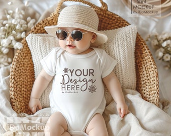 White Baby Onesie Mockup, White Rabbit skins 4400 ,infant Baby Bodysuit Mockup, Baby shower onesie mockup, Boho travel summer newborn mockup