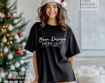 Christmas oversized black Tshirt Mockup, black Comfort colors 1717 T-Shirt New Year holiday Mockup female black Christmas shirt mock up