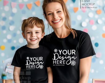 Maqueta de mamá y yo, maqueta de camiseta familiar, camiseta negra, maqueta de mamá y niño, maqueta familiar para niños, camiseta negra Bella Canvas 3001, camiseta de mamá y mini