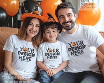 Halloween Family Tshirt mockup, White shirt Mom Dad Baby Kids Family Mockup, White matched T-shirt  Mockup, Mum Daddy White crewneck Tshirt