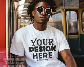 Black Model Mockup White Bella Canvas 3001 Camiseta, Maqueta afroamericana, Maqueta varonil diversa, camiseta blanca de viaje Estilo de vida fresco