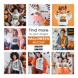 May include: A collection of Halloween themed t-shirt mockups featuring various designs and models. The mockups are set against a backdrop of pumpkins and other Halloween decorations. The text "Find more for your designs HALLOWEEN MOCKUP" is displayed in the center of the image.