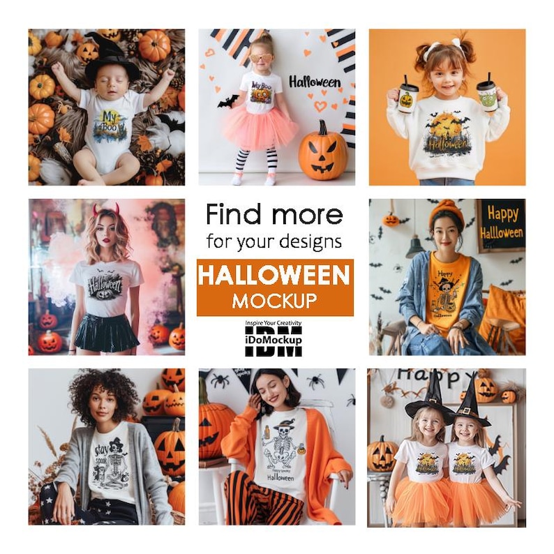 May include: A collection of Halloween themed t-shirt mockups featuring various designs and models. The mockups are set against a backdrop of pumpkins and other Halloween decorations. The text "Find more for your designs HALLOWEEN MOCKUP" is displayed in the center of the image.
