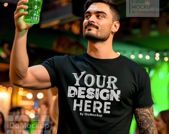 St Patricks Day Tshirt mockup, Black Bella Canvas 3001, Black shirt man Mockup, T-Shirt Mock up, trendy Tshirt Mockup for St Pattys Day