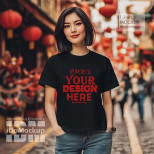 Chinese New Year Tshirt Mockup, Black Bella Canvas 3001 mockup , woman model Mockup, Black Tshirt mockup for Chinese or Asia design mock up