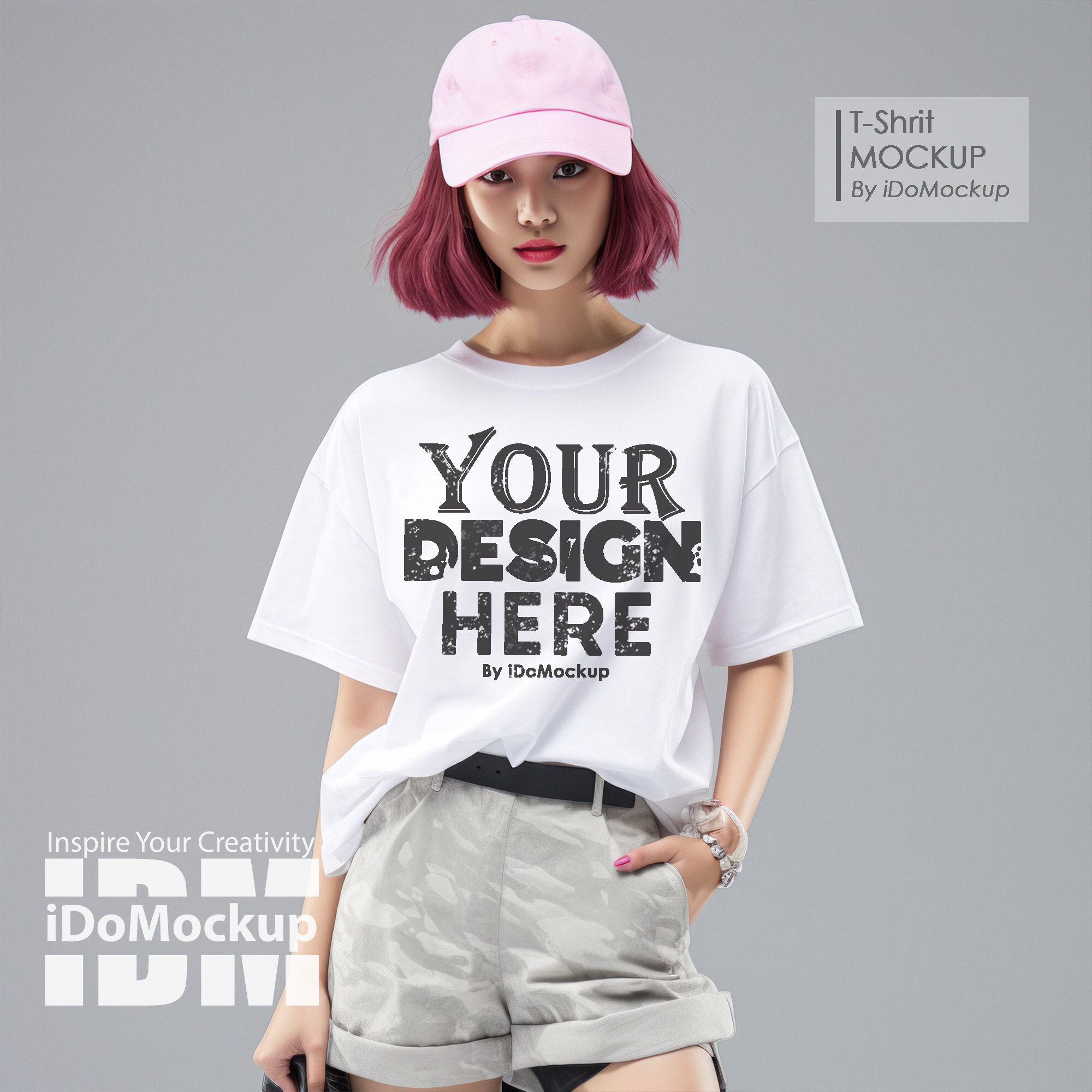 White Comfort Colors 1717 Unisex Tshirt mockup, Womens fashion White oversized t-shirt mock up, Asian woman model, Minimal Cool fashion