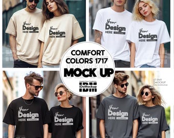 Couple Comfort Colors 1717 Tshirt mockup, couple oversized Tshirt Black, White, Ivory, Pepper Comfort Colors mock up, Bundle mockup
