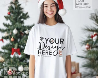 Christmas oversized white Tshirt Mockup, white Comfort colors 1717 T-Shirt New Year holiday Mockup female white Christmas shirt mock up