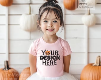 Halloween Kids Tshirt Mockup, Pink Bella Canvas 3001T T-Shirt fall Halloween Mockup baby girl kids model Pink crewneck shirt mock up