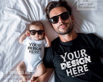 Daddy and me shirt Mockup, Family Tshirt mockup, Black shirt Dad Kids Family Mockup, black Bella Canvas 3001 T-shirt, Fathers day mock up