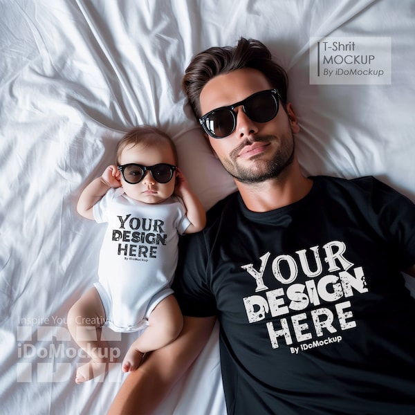 Mockup shirt papa en ik, mockup familiet-shirt, zwart shirt papa kinderen familiemodel, zwart Bella Canvas 3001 T-shirt, vaderdagmodel