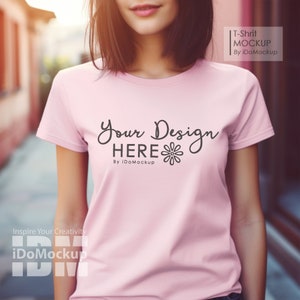 Pink Bella Canvas 3001 Tshirt mockup, woman model Tshirt Mock up, female fashion Pink Mockup Trendy Mockup, lifestyle Simple Pink Tshirt