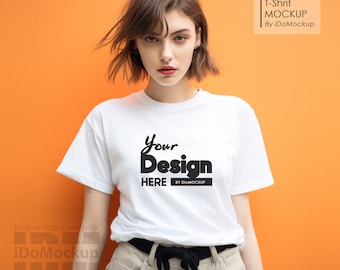White Gildan 5000 mock up, Female model Tshirt Mockup, White T-Shirt Mockup, Women Tee model Mock up, Cool casual style ,mockup gildan 5000