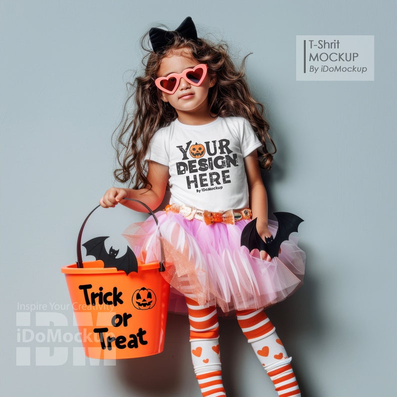 Halloween Kids Tshirt Mockup, White Bella Canvas 3001T T-Shirt fall Halloween Mockup baby girl kids model white crewneck shirt mock up