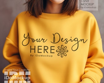 Gildan 18000 Gold Sweatshirt Mockup, YellowGildan 18000 mockup, Yellow sweater model Mockup, G180 Gold Yellow Crewneck Mockup