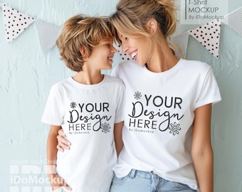 Mommy and me Mockup, Family Tshirt mockup, White shirt Mom boy Kids Family Mockup, White Bella Canvas 3001 T-shirt, Mama and mini Tshirt
