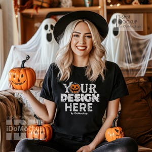 Halloween Tshirt Mockup, Black Bella Canvas 3001 mockup T-shirt, female Model Mockup Black 3001 Mock Ups, Fall shirt, Halloween Shirt Mock