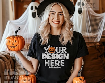 Halloween Tshirt Mockup, Black Bella Canvas 3001 mockup T-shirt, female Model Mockup Black 3001 Mock Ups, Fall shirt, Halloween Shirt Mock